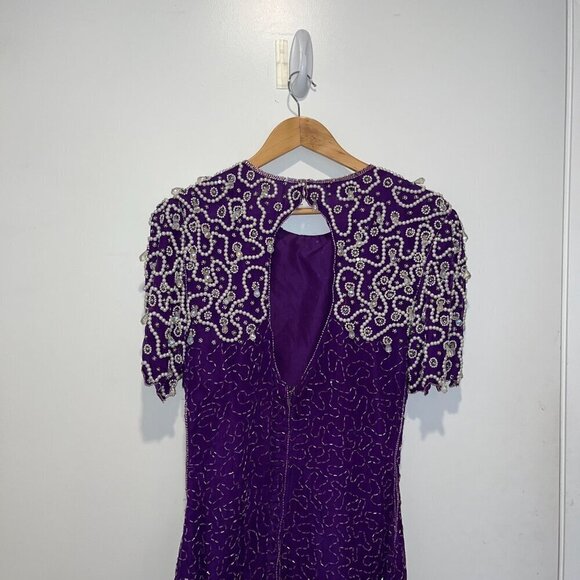 Vintage 1980s Purple Silk Beaded Sequin Cocktail Dress M - Picture 6 of 9
